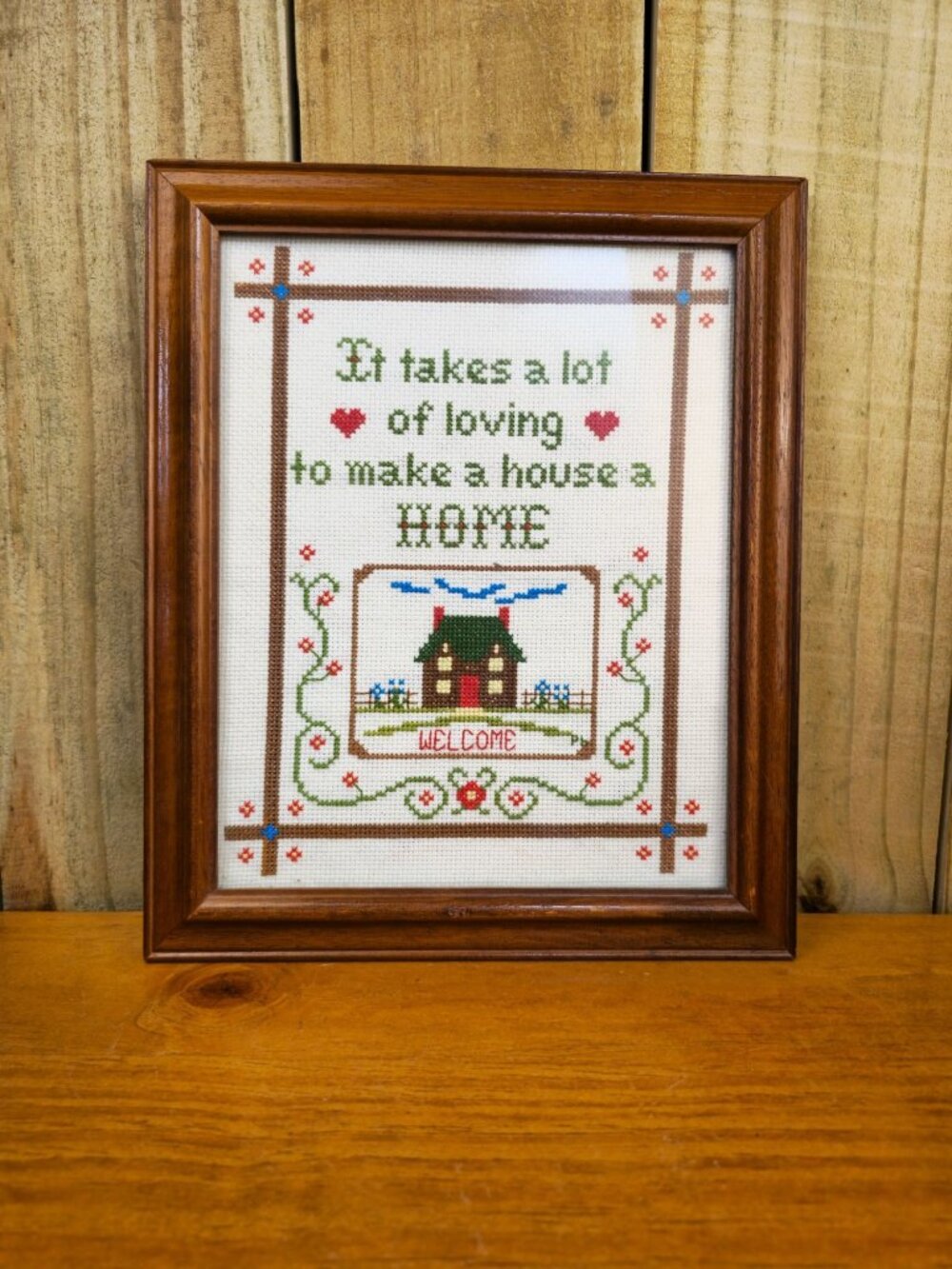 Vintage Cross-Stitched "Home" Wall Art With Wooden Frame 9"x11"